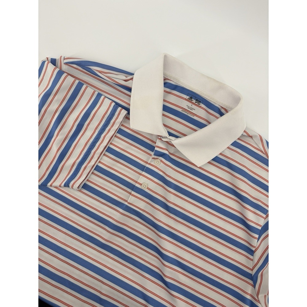 Adidas Polo Shirt Mens L White W Red Blue Striped ‎ Climalite Golf Performance